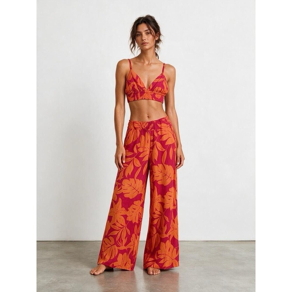 Gianni Bini Hawaiian Print Bralette Crop Top & Wide Leg Palazzo Pants Linen Sz L